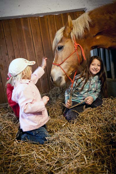Kinder mit Pferd im Stall